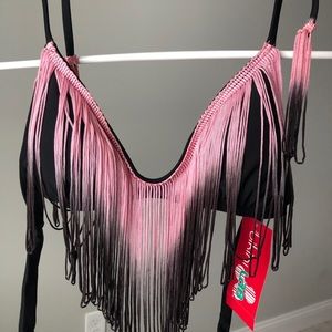 NWT BIKINI LAB PINK/BLACK FRINGE TOP SIZE SMALL